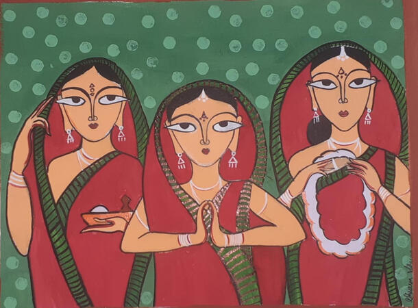 Title - Three women Medium - poster colour Surface - Ivory sheet by Shreya shree (Jharkhand)
