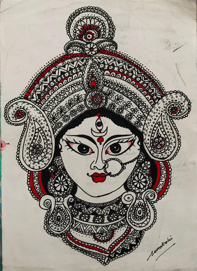 Maa Title -Maa durga Medium - pen drawing Surface - ivory sheet - by Sonakshi Chaudhari (west bengal)